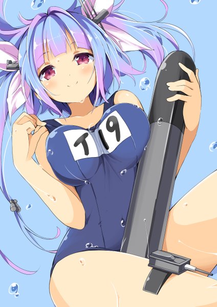 Anime picture 900x1273 with kantai collection i-19 submarine wara (warapro) single long hair tall image blush breasts light erotic simple background smile large breasts sitting twintails pink hair pink eyes multicolored hair aqua hair two-tone hair wet