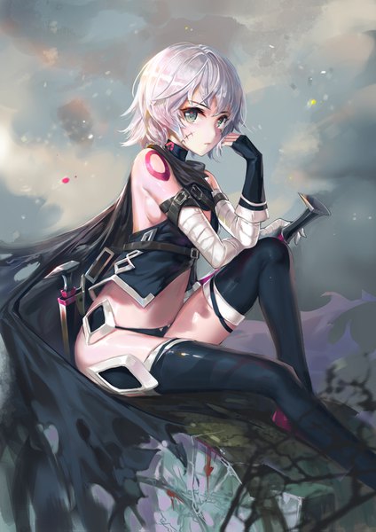 Anime picture 1000x1415 with fate (series) fate/apocrypha jack the ripper (fate/apocrypha) rabbit (tukenitian) single tall image looking at viewer fringe short hair breasts light erotic hair between eyes sitting bare shoulders green eyes silver hair bent knee (knees) tattoo sideboob torn clothes
