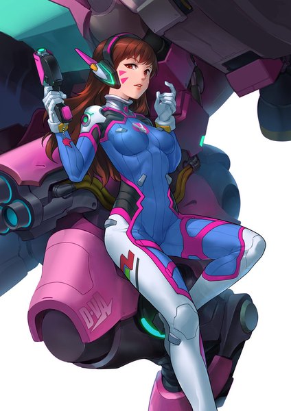 Anime picture 800x1132 with overwatch blizzard entertainment d.va (overwatch) meka (overwatch) asuka111 single long hair tall image looking at viewer fringe simple background brown hair white background brown eyes bent knee (knees) parted lips facial mark whisker markings girl gloves