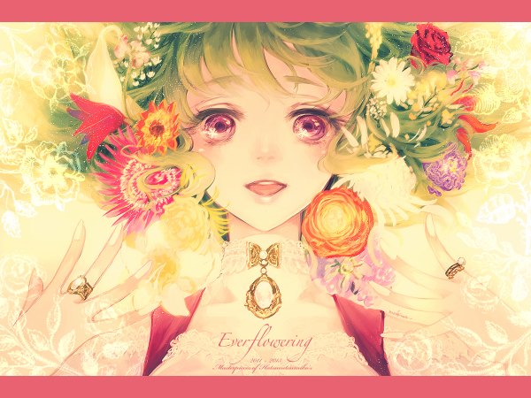 Anime picture 1200x900 with touhou kazami yuuka mochinu single looking at viewer blush short hair red eyes signed fingernails green hair inscription girl flower (flowers) choker rose (roses) leaf (leaves) ring necklace