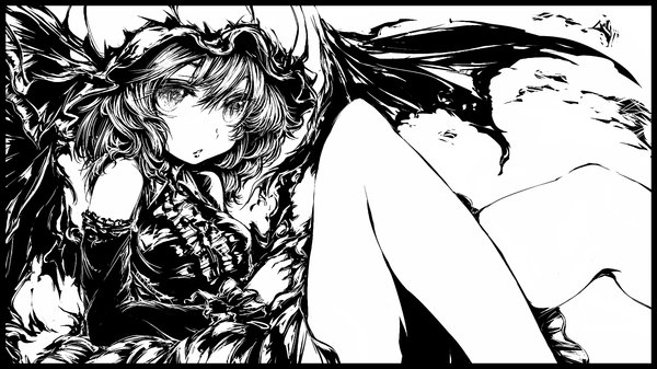 Anime picture 1830x1030 with touhou remilia scarlet acryl (artist) single looking at viewer highres short hair wide image sitting legs monochrome girl dress detached sleeves wings bonnet hat ribbon
