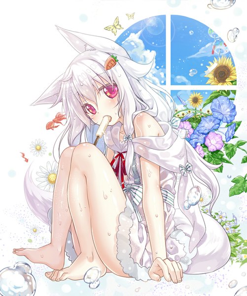 Anime picture 919x1100 with original yano mitsuki single long hair tall image looking at viewer blush fringe open mouth light erotic sitting bare shoulders holding animal ears sky cloud (clouds) bent knee (knees) white hair tail animal tail