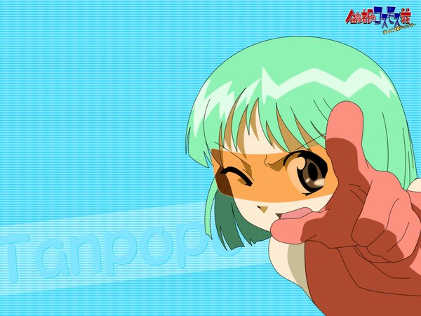 Anime picture 1024x768 with dokkoida tanpopo single looking at viewer fringe short hair open mouth bare shoulders brown eyes green hair blue background face frown pointing at viewer girl gloves red gloves