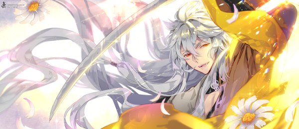 Anime picture 1359x588 with touken ranbu nitroplus kogitsunemaru c.seryl single long hair looking at viewer fringe wide image ahoge traditional clothes japanese clothes wind lips grey hair eyebrows boy flower (flowers) weapon petals