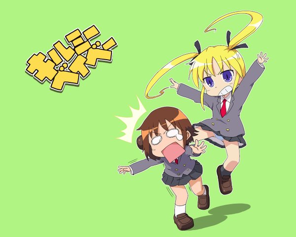 Anime picture 1280x1024 with kill me baby j.c. staff sonya (kill me baby) oribe yasuna long hair short hair simple background blonde hair brown hair twintails inscription loli uniform school uniform