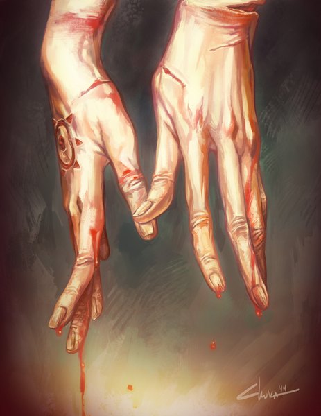 Anime picture 1181x1528 with original idaiku17 tall image simple background signed fingernails scar injury blood hands sign scratch