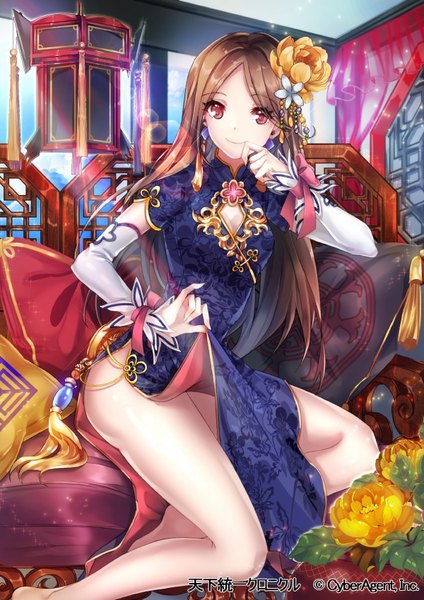 Anime picture 600x849 with tenka touitsu chronicle interitio single long hair tall image looking at viewer light erotic smile red eyes brown hair sitting traditional clothes barefoot bare legs finger to mouth chinese clothes cleavage cutout dress lift girl dress
