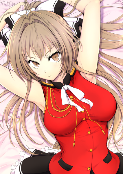 Anime picture 1655x2338 with amagi brilliant park kyoto animation sento isuzu shugoi single long hair tall image looking at viewer blush fringe breasts brown hair brown eyes ahoge lying pleated skirt from above arms up armpit (armpits) frilly skirt