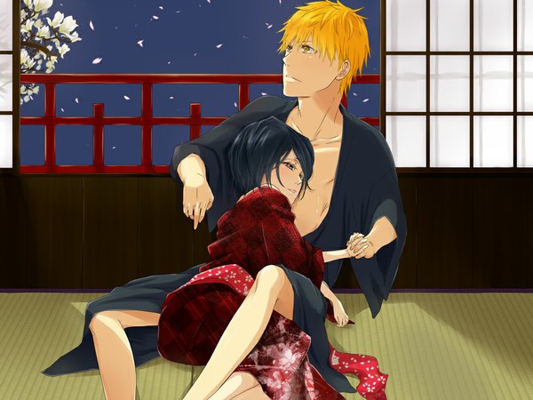 Anime picture 1000x750 with bleach studio pierrot kurosaki ichigo kuchiki rukia short hair open mouth black hair purple eyes yellow eyes traditional clothes japanese clothes orange hair legs couple girl boy flower (flowers) petals kimono