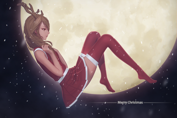 Anime picture 1800x1200 with original maredoro single long hair highres brown hair brown eyes looking away profile horn (horns) snowing christmas winter merry christmas girl thighhighs skirt moon full moon