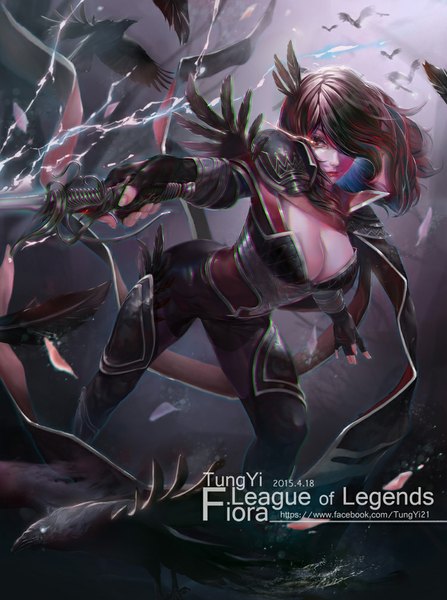 Anime picture 750x1005 with league of legends fiora (league of legends) tung yi single long hair tall image fringe breasts black hair red eyes large breasts cleavage red hair hair over one eye inscription girl gloves weapon armor fingerless gloves