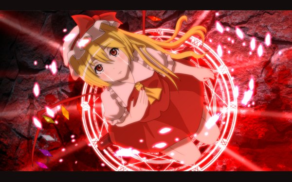 Anime picture 1680x1050 with touhou flandre scarlet tomon (slash0410) single long hair blush blonde hair red eyes wide image tears one side up magic girl dress skirt wings bonnet skirt set crystal magic circle