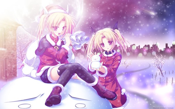 Anime picture 1920x1200 with magus tale whirlpool (studio) nina geminis rena geminis tenmaso long hair looking at viewer blush highres open mouth blonde hair wide image sitting twintails multiple girls game cg bent knee (knees) pink eyes wallpaper city