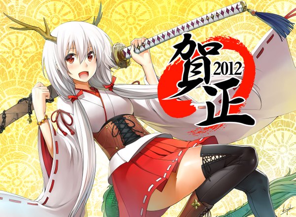 Anime picture 2726x2000 with original kurojishi (artist) single long hair blush highres open mouth red eyes white hair japanese clothes horn (horns) happy new year girl thighhighs skirt weapon black thighhighs miniskirt sword bracelet