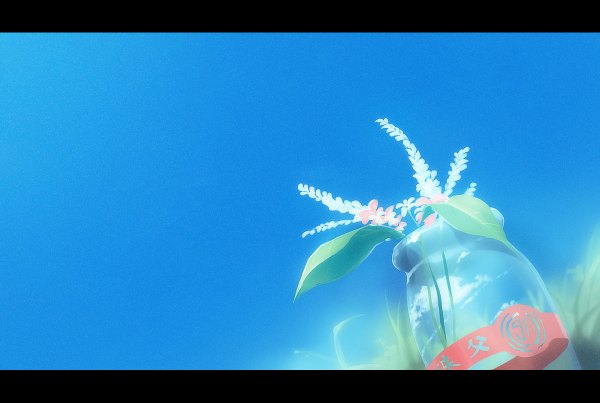Anime picture 1200x806 with original zazagi sky landscape flower (flowers) plant (plants) leaf (leaves) grass bottle jar