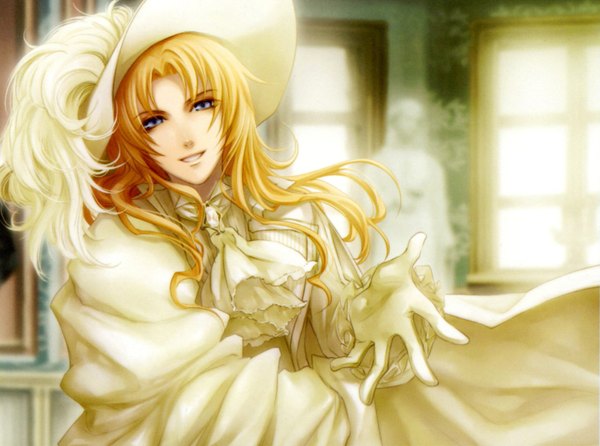 Anime picture 1631x1214 with edel blume idea factory richard cantemir usuba kagerou long hair looking at viewer fringe blue eyes blonde hair smile scan official art boy hat single glove clothes