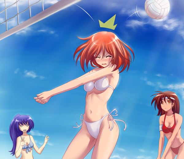 Anime picture 2000x1733 with original atomix long hair highres short hair brown hair multiple girls sky purple hair cloud (clouds) ponytail eyes closed orange eyes volleyball beach volleyball girl navel hairband 3 girls beachball