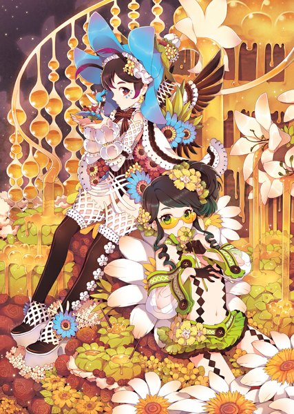 Anime picture 711x1000 with original nardack tall image looking at viewer short hair black hair red eyes multiple girls green eyes fairy girl thighhighs dress gloves flower (flowers) black thighhighs 2 girls hat sunglasses