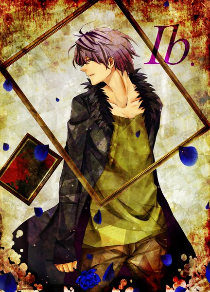Anime picture 1365x1897 with ib (game) garry (ib) single tall image short hair purple eyes signed purple hair looking back inscription boy flower (flowers) petals fur coat blue rose