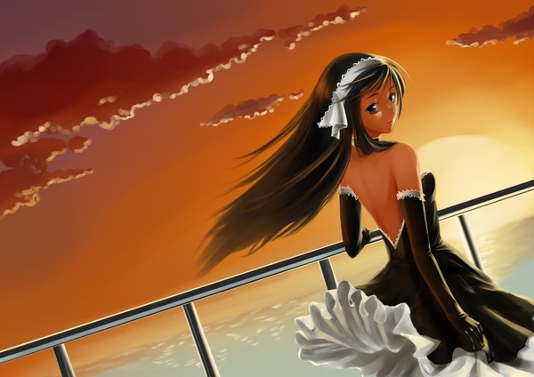 Anime picture 3507x2480 with original ccjn single long hair highres blue eyes black hair bare shoulders absurdres sky cloud (clouds) looking back evening sunset girl dress gloves black gloves elbow gloves hairband