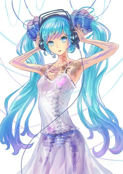 Anime picture 800x1130 with vocaloid hatsune miku denki single long hair tall image open mouth simple background white background twintails aqua eyes aqua hair transparent bone (bones) hands on head x-ray girl dress headphones sundress