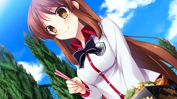 Anime picture 1280x720 with chuning lover hyoudou jun koso single long hair blush brown hair wide image brown eyes game cg girl uniform school uniform food obento