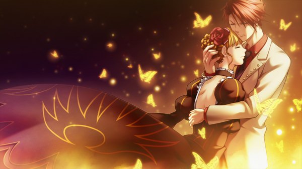 Anime picture 1600x900 with umineko no naku koro ni beatrice ushiromiya battler blonde hair wide image red hair eyes closed hair flower couple hug back girl dress boy hair ornament rose (roses) insect butterfly