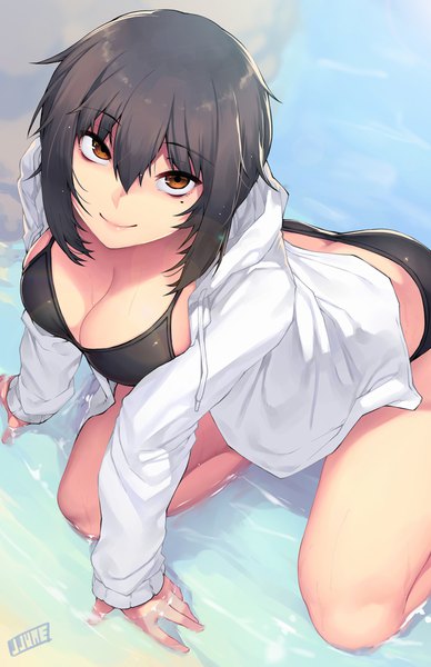 Anime picture 1214x1874 with original rumi morimiya jjune single tall image looking at viewer fringe short hair breasts light erotic black hair hair between eyes brown eyes signed cleavage light smile from above mole mole under eye girl
