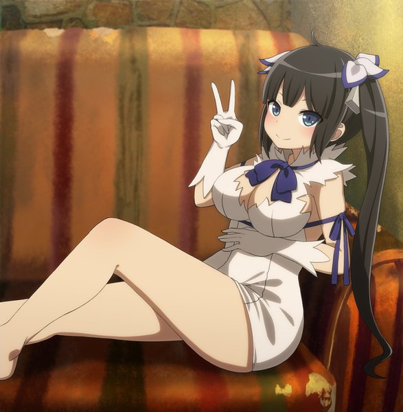 Anime picture 859x879 with dungeon ni deai wo motomeru no wa machigatteiru darou ka j.c. staff hestia (danmachi) dooru (second my 1d) single long hair tall image looking at viewer blush breasts blue eyes light erotic black hair smile large breasts twintails rei no himo girl dress gloves