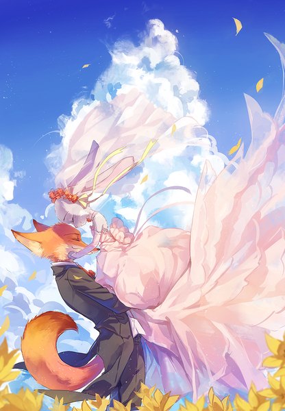 Anime picture 764x1101 with zootopia disney judy hopps nick wilde cat princess tall image smile standing bare shoulders holding animal ears sky cloud (clouds) outdoors tail eyes closed head tilt animal tail profile wind