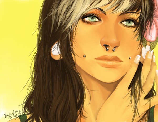 Anime picture 3300x2550 with original amsbt long hair highres simple background brown hair green eyes signed absurdres nail polish hair flower lips realistic piercing face yellow background nose piercing eyebrow piercing girl hair ornament