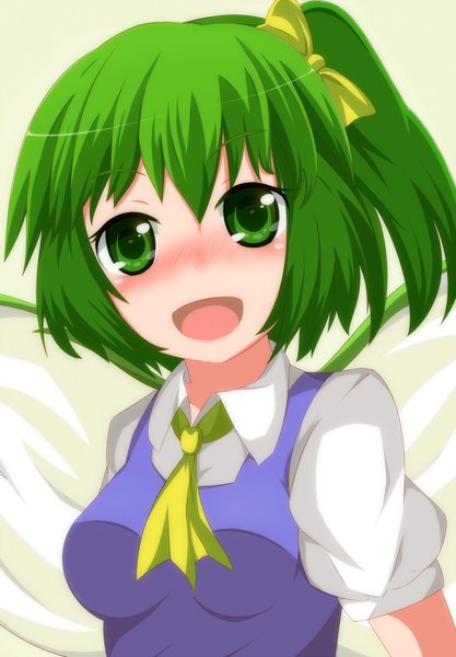 Anime picture 1392x2000 with touhou daiyousei masa masa single tall image looking at viewer blush short hair green eyes green hair one side up girl wings