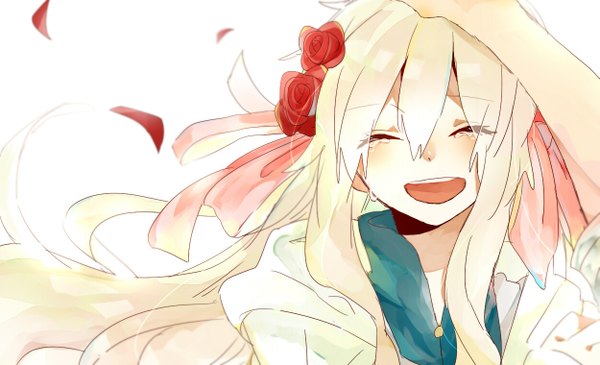 Anime picture 1249x760 with kagerou project shaft (studio) mary (kagerou project) aitb99 single long hair open mouth smile wide image white background white hair eyes closed hair flower happy girl hair ornament flower (flowers) petals rose (roses) teardrop