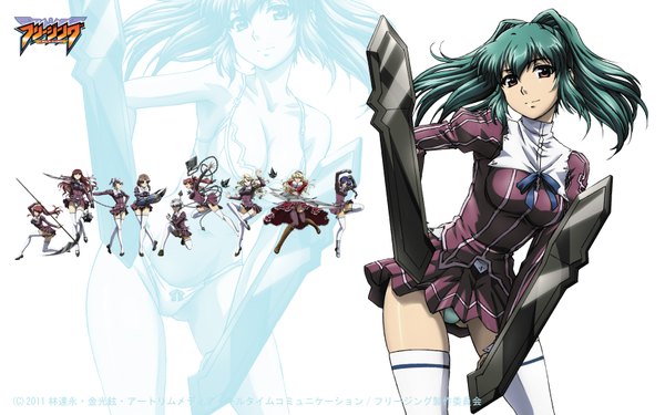 Anime picture 1680x1050 with freezing cassie lockheart single light erotic wide image brown eyes green hair pantyshot zoom layer girl thighhighs weapon white thighhighs serafuku