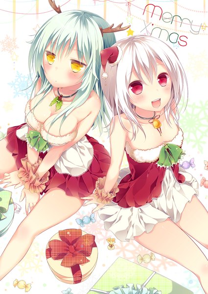 Anime picture 835x1179 with original komeshiro kasu long hair tall image looking at viewer blush breasts open mouth light erotic red eyes multiple girls yellow eyes blue hair white hair horn (horns) christmas merry christmas girl dress 2 girls