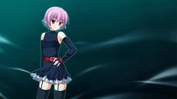 Anime picture 1280x720 with fortissimo//akkord:bsusvier (game) ooba kagerou short hair red eyes wide image pink hair game cg hand on hip girl thighhighs black thighhighs detached sleeves