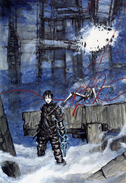 Anime picture 1118x1622 with blame! killy nihei tsutomu single tall image short hair black hair boy weapon gun building (buildings) blood monster