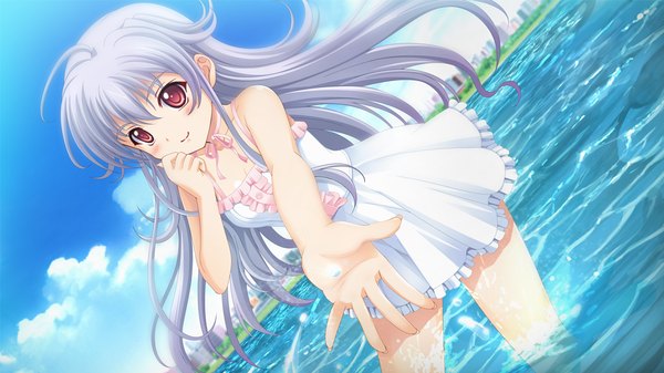Anime picture 1024x576 with owaru sekai to birthday long hair blush red eyes wide image game cg white hair loli girl water sundress