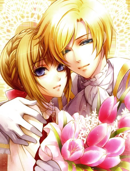Anime picture 2595x3421 with will o' wisp (game) hanna ellington hobllrdy usuba kagerou tall image looking at viewer highres short hair blue eyes blonde hair scan couple hug girl boy flower (flowers) bow hair bow