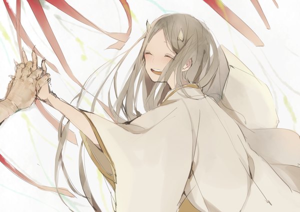 Anime picture 1000x707 with original komachi (artist) long hair blush open mouth smile eyes closed traditional clothes horn (horns) grey hair holding hands oni horns girl ribbon (ribbons) hand