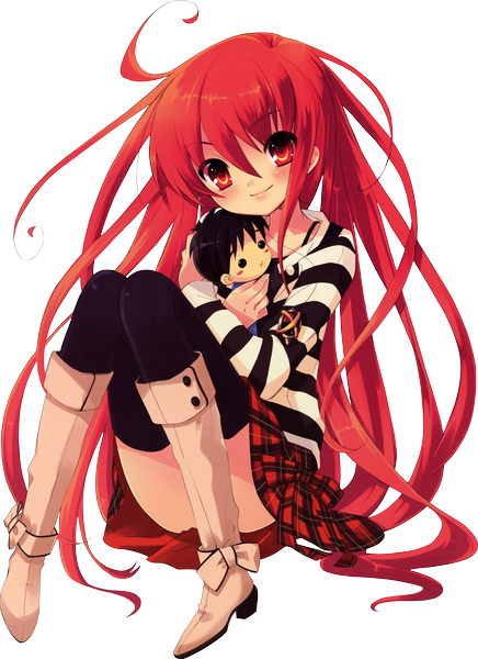 Anime picture 3919x5386 with shakugan no shana j.c. staff shana single long hair tall image blush highres smile red eyes sitting absurdres red hair transparent background girl thighhighs skirt black thighhighs miniskirt thigh boots