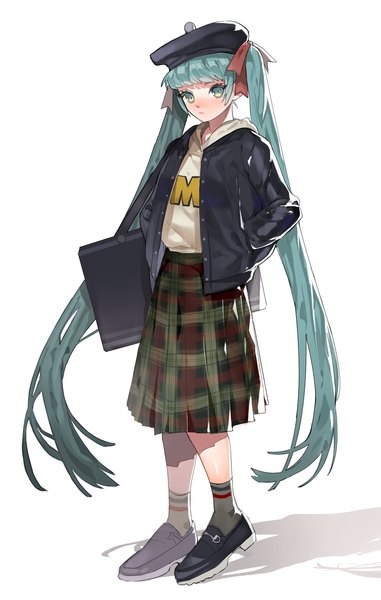 Anime picture 1271x2000 with vocaloid hatsune miku arutera single tall image looking at viewer blush simple background white background twintails very long hair aqua eyes aqua hair plaid skirt hands in pockets girl skirt uniform ribbon (ribbons) hair ribbon