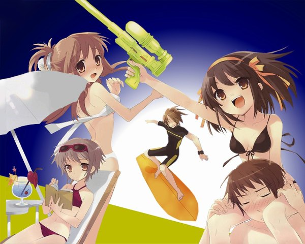 Anime picture 1280x1024 with suzumiya haruhi no yuutsu kyoto animation suzumiya haruhi nagato yuki asahina mikuru kyon koizumi itsuki itou noiji long hair blush short hair open mouth brown hair sitting multiple girls brown eyes eyes closed :d looking back official art