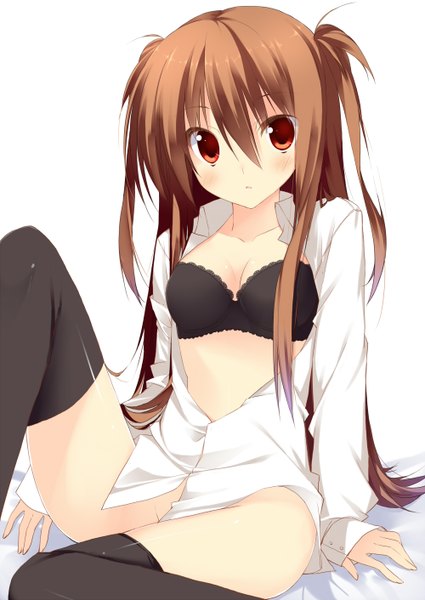 Anime picture 1000x1412 with original tororo inniina kuwashima rein single long hair tall image looking at viewer light erotic simple background red eyes brown hair white background open clothes two side up open shirt girl thighhighs black thighhighs
