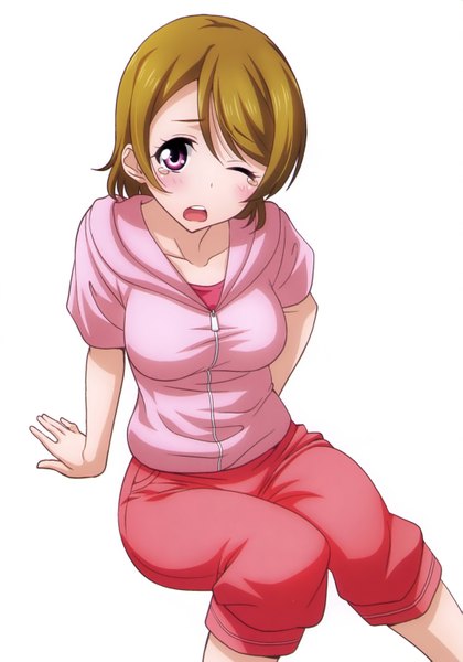 Anime picture 2142x3062 with love live! school idol project sunrise (studio) love live! koizumi hanayo inou shin single tall image looking at viewer blush highres short hair open mouth simple background brown hair white background purple eyes one eye closed wink scan girl