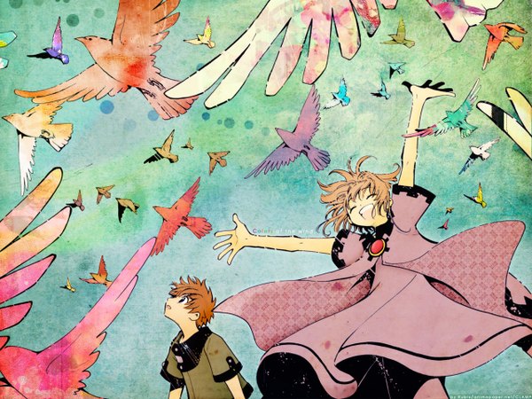 Anime picture 1280x960 with tsubasa reservoir chronicle clamp sakura hime syaoran short hair open mouth smile brown hair signed eyes closed arms up third-party edit colored girl dress boy animal bird (birds)