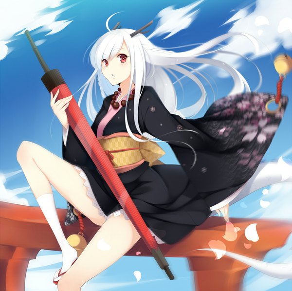Anime picture 1000x997 with original kisaichi jin single long hair looking at viewer blush open mouth red eyes sitting sky white hair japanese clothes horn (horns) wind closed umbrella girl petals socks umbrella white socks