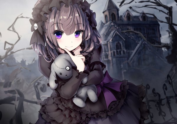 Anime picture 1736x1223 with original missle228 single highres short hair smile brown hair purple eyes long sleeves dark background lolita fashion hand to mouth bare tree goth-loli girl bow plant (plants) tree (trees) building (buildings) toy