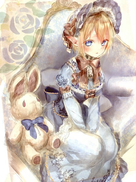 Anime picture 750x1000 with original didi amen single tall image looking at viewer blush fringe short hair blue eyes blonde hair sitting parted lips from above pointy ears girl dress bow toy stuffed animal bonnet