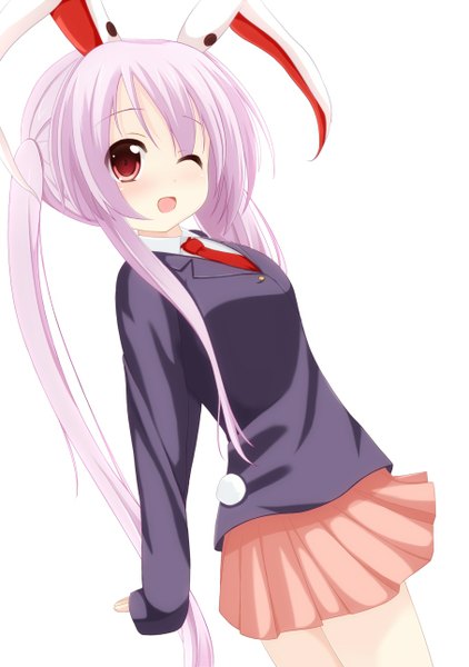 Anime picture 907x1290 with touhou reisen udongein inaba chimunge single long hair tall image looking at viewer blush open mouth simple background red eyes white background twintails animal ears pink hair one eye closed wink bunny ears bunny girl girl